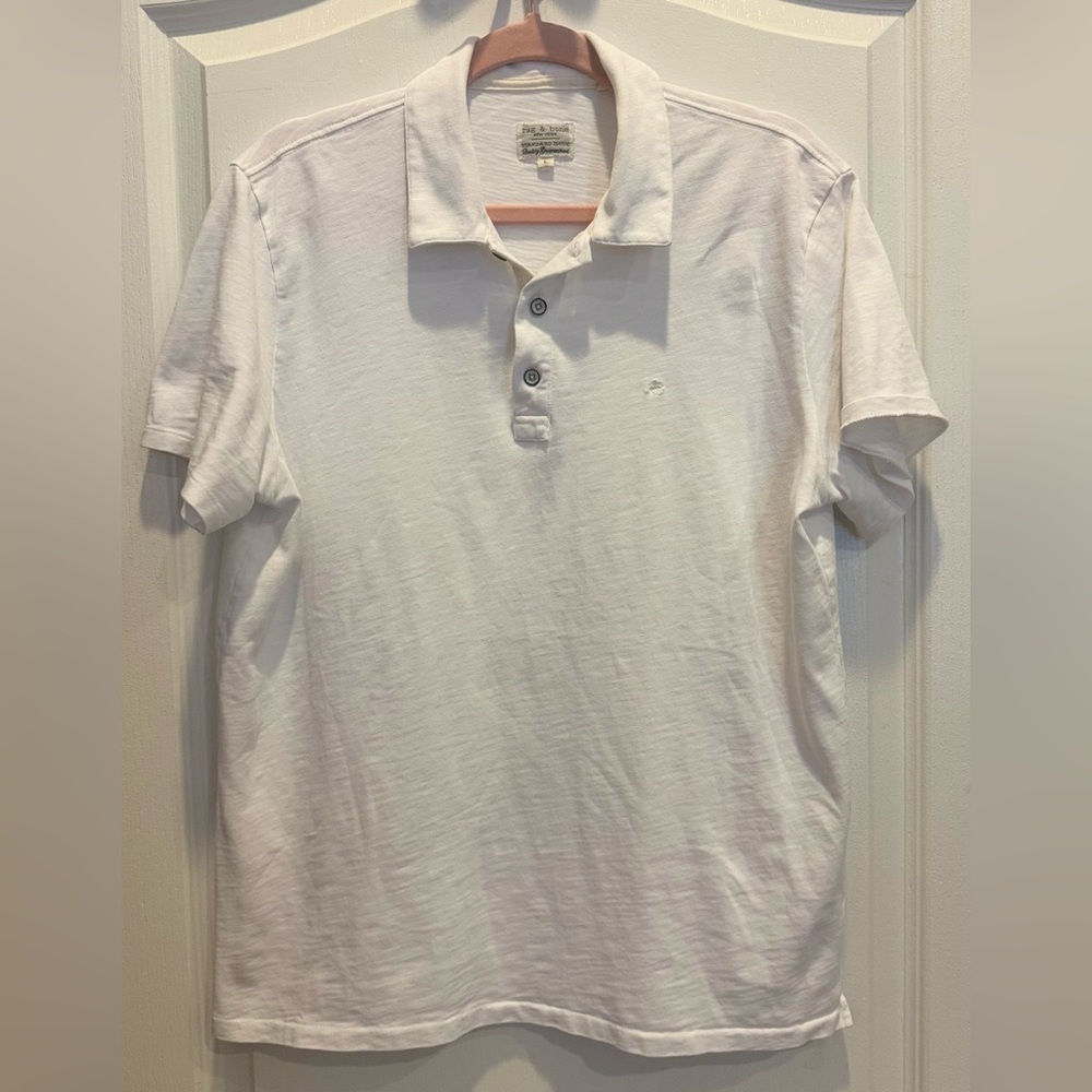 RAG & BONE Slub Cotton Embroidered Logo Classic Polo Short Sleeve White Large